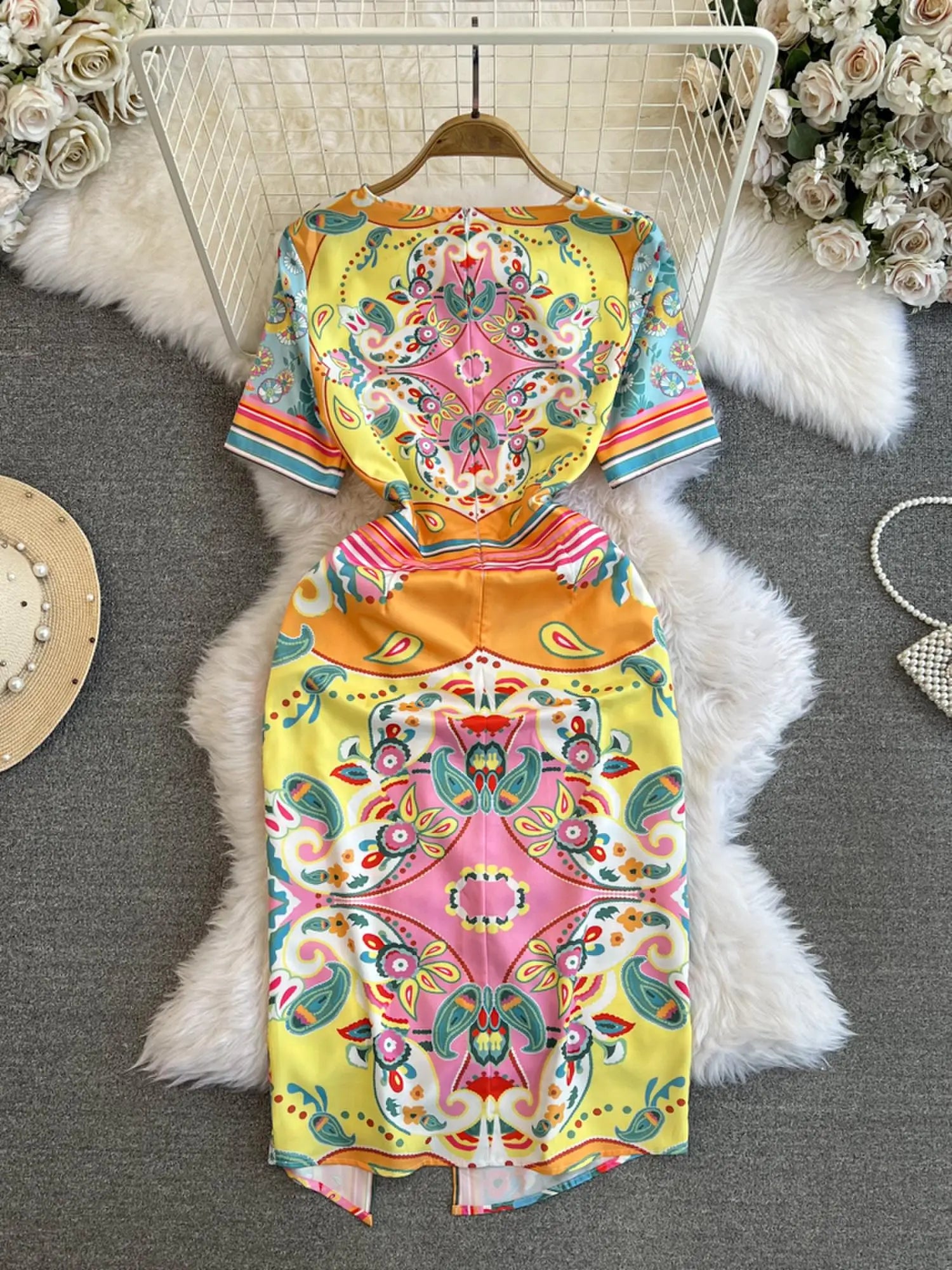 Summer Fashion Designer Dress Women's O-Neck Short Sleeve Floral Print Stripe Vintage Belt Lace Up Irregular Midi Vestidos