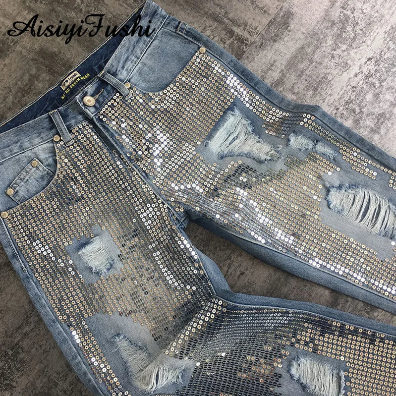 Sequin Ripped Jeans For Women Bottom Streetwear Hole Zipper Fringe Ripped Jeans Pants Women's Denim Trousers Loose Female