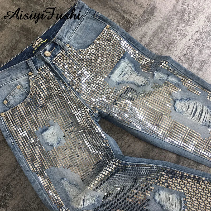 Sequin Ripped Jeans For Women Bottom Streetwear Hole Zipper Fringe Ripped Jeans Pants Women's Denim Trousers Loose Female
