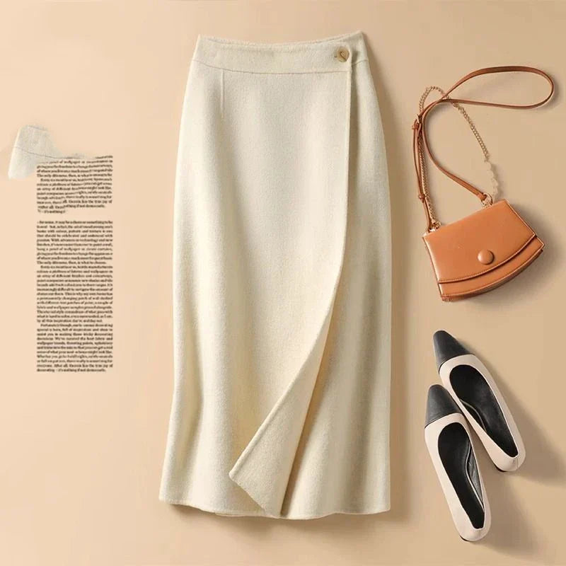 Korean Fashion Autumn Winter New Women's Solid Button Patchwor High Waist Elegant Chic Mid-length A-line Knitted Bag Hip Skirt WHITE