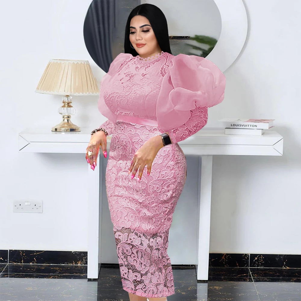 Elegant Lace Dresses Plus Size 3XL 4XL Long Lantern Sleeve White Pink Bodycon Vintage Prom Dress Gowns for Ladies Evening Party Pink