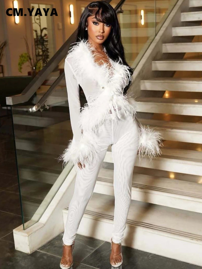 CM.YAYA Fashion Mesh See Though Women's Set Feather Side Long Sleeve Crop Top and Legging Pants 2025 Sexy Two 2Piece Sets Outfit