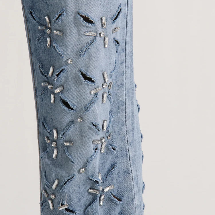 TWOTWINSTYLE Hollow Out Casual Jeans For Women Highh Waist Patchwork Tassel Chic Straight Wide Leg Jean Female Fashion Clothing