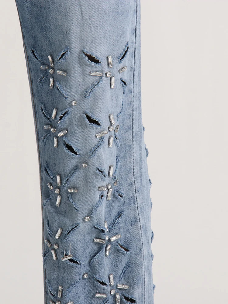 TWOTWINSTYLE Hollow Out Casual Jeans For Women Highh Waist Patchwork Tassel Chic Straight Wide Leg Jean Female Fashion Clothing