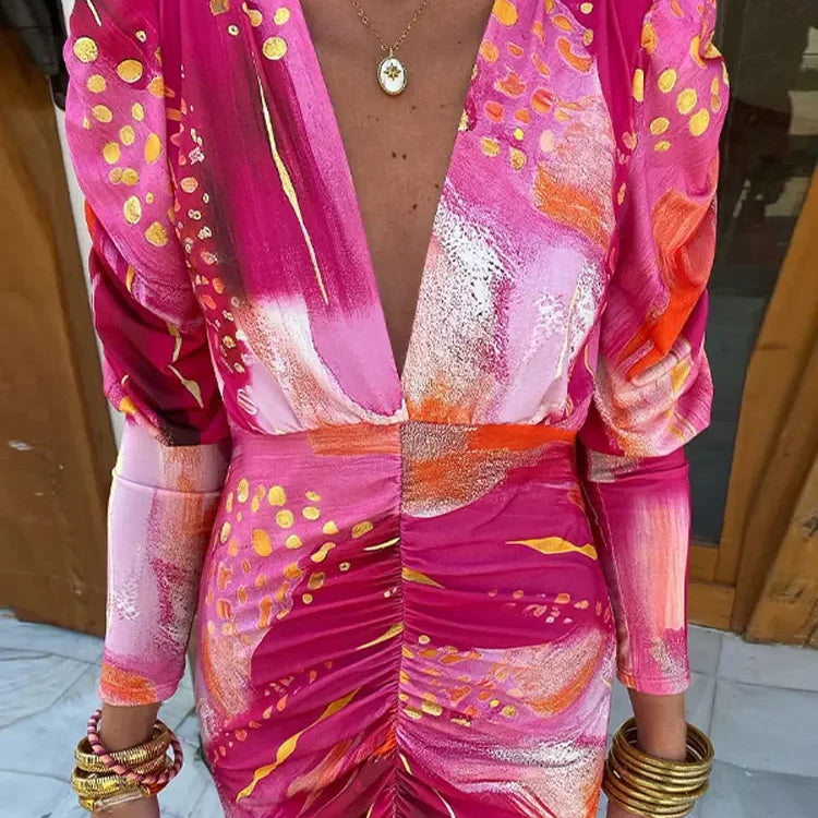 Elegant Tye Die Print Pleated Bodycon Maxi Dress Women Vintage Long Sleeve V-neck A-line Dresses Ladies Holiday Party Robes