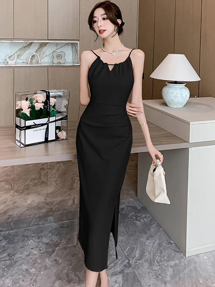 White Hollow Out Sexy Sling Long Dress for Women Korean Luxury Elegant Party Evening Dress Summer Fashion Bodycon Prom Robe