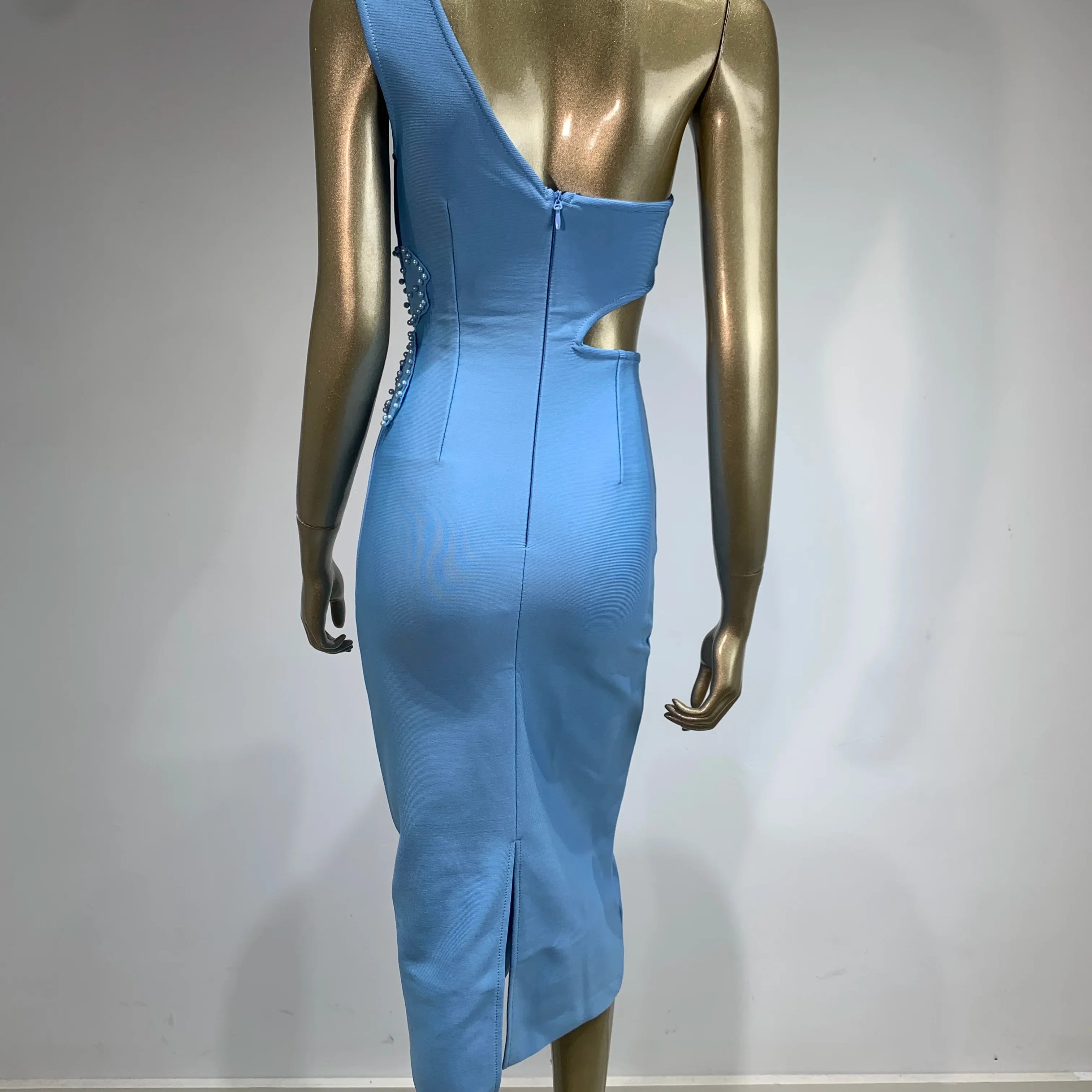 Vestido bandagem feminino celebridade sexy um ombro recortado azul celeste flor midi bodycon elegante vestido de festa para noite