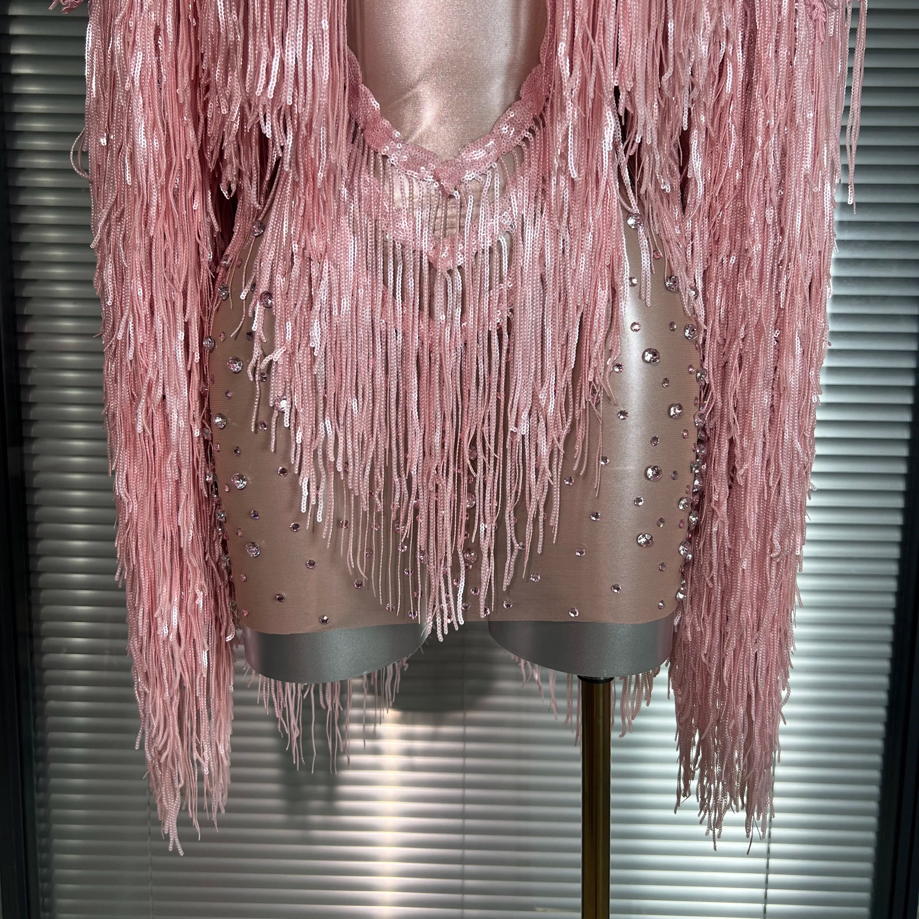 Celebrity New Women Sexy Mesh Sheer Crystal Stage Costume Stage Dancer Night Club Tank Mini Party Dress Coat 2 Pieces Set