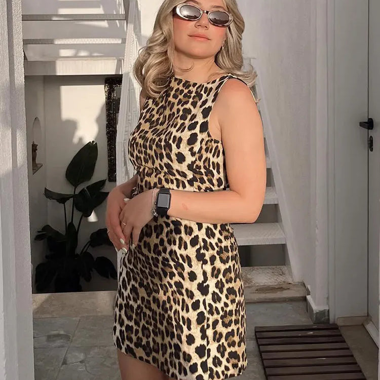 TRAFZA Summer Chic Leopard Print Sexy Women's Mini Dress Retro Round Neck Sleeveless Zipper Decoration Women's Party Dress Y2K