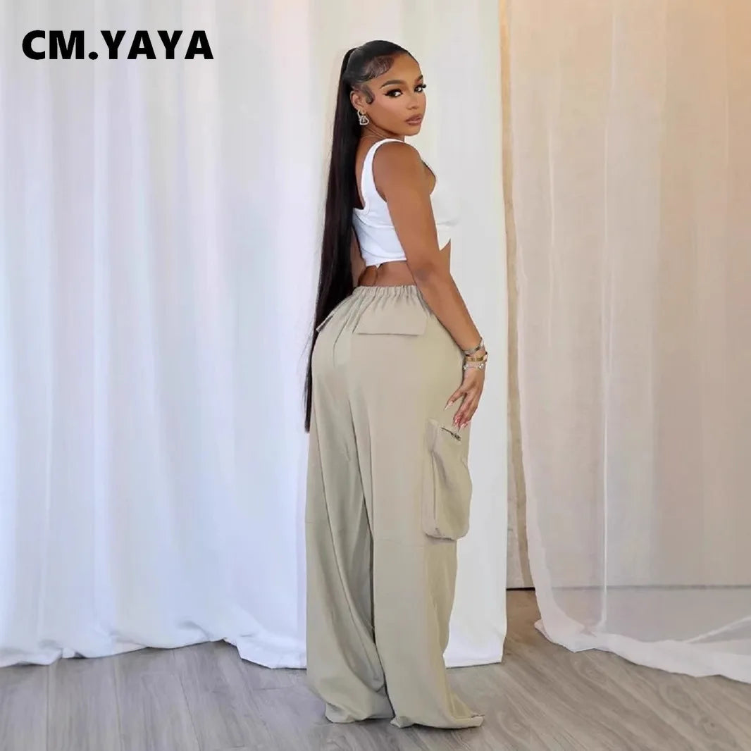 CM.YAYA Women Fashion Zipper Pocket Side Zip Fly Split Hem Wide Leg Safari Style Pants 2025 Drawstring Summer Cargo Trousers