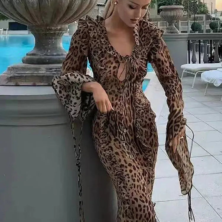 Fashion Print Ruffle Split Dress Women Spring Summer Deep V-neck Female Vestidos Elegant Long Sleeve Lace Up Lady Robe