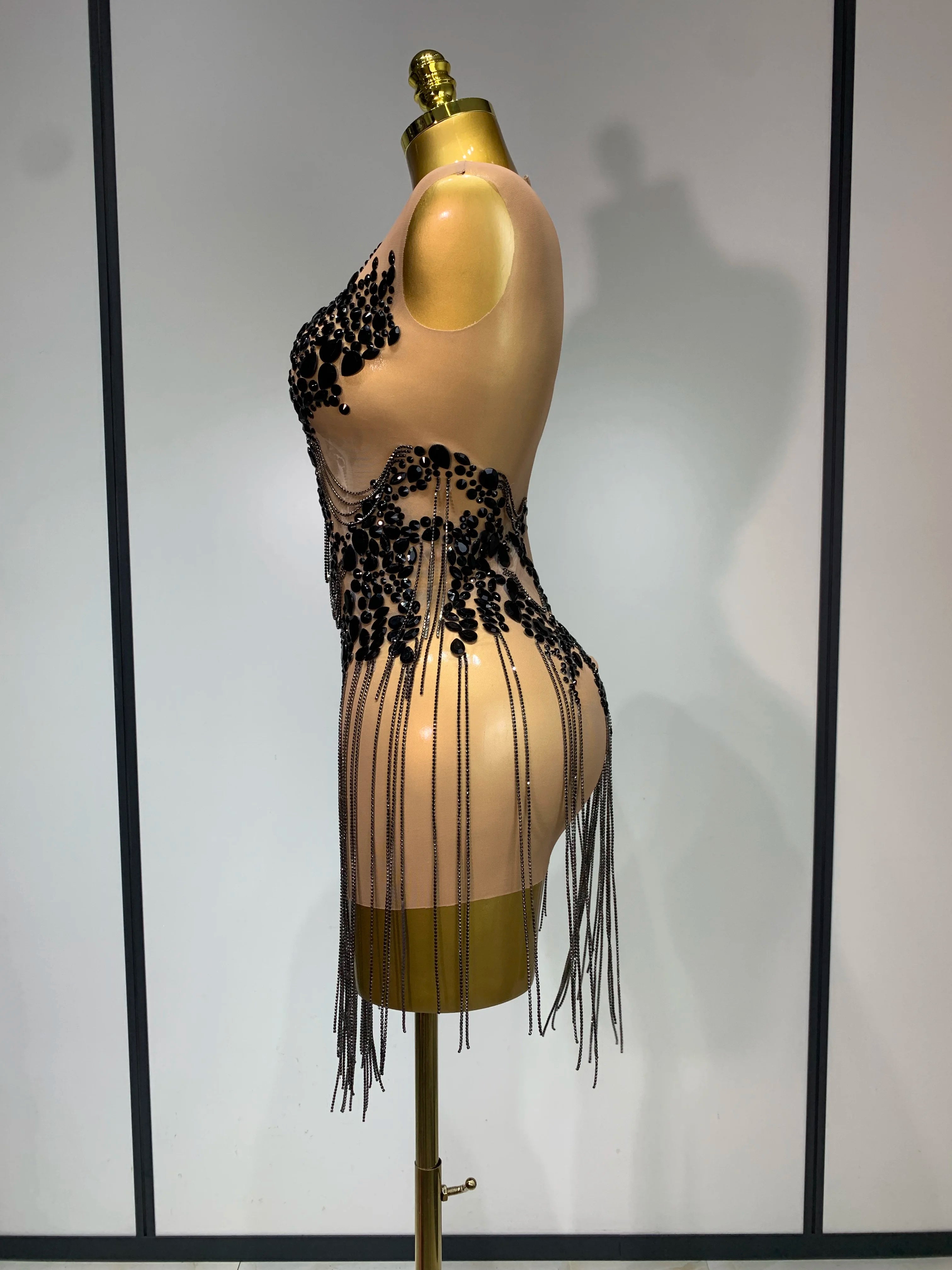 Luxury Rhinestones Chain Sleeveless Mini Dress Celebrity Elegant Sexy Performance Dance Nightclub Outfit Birthday Party Dress