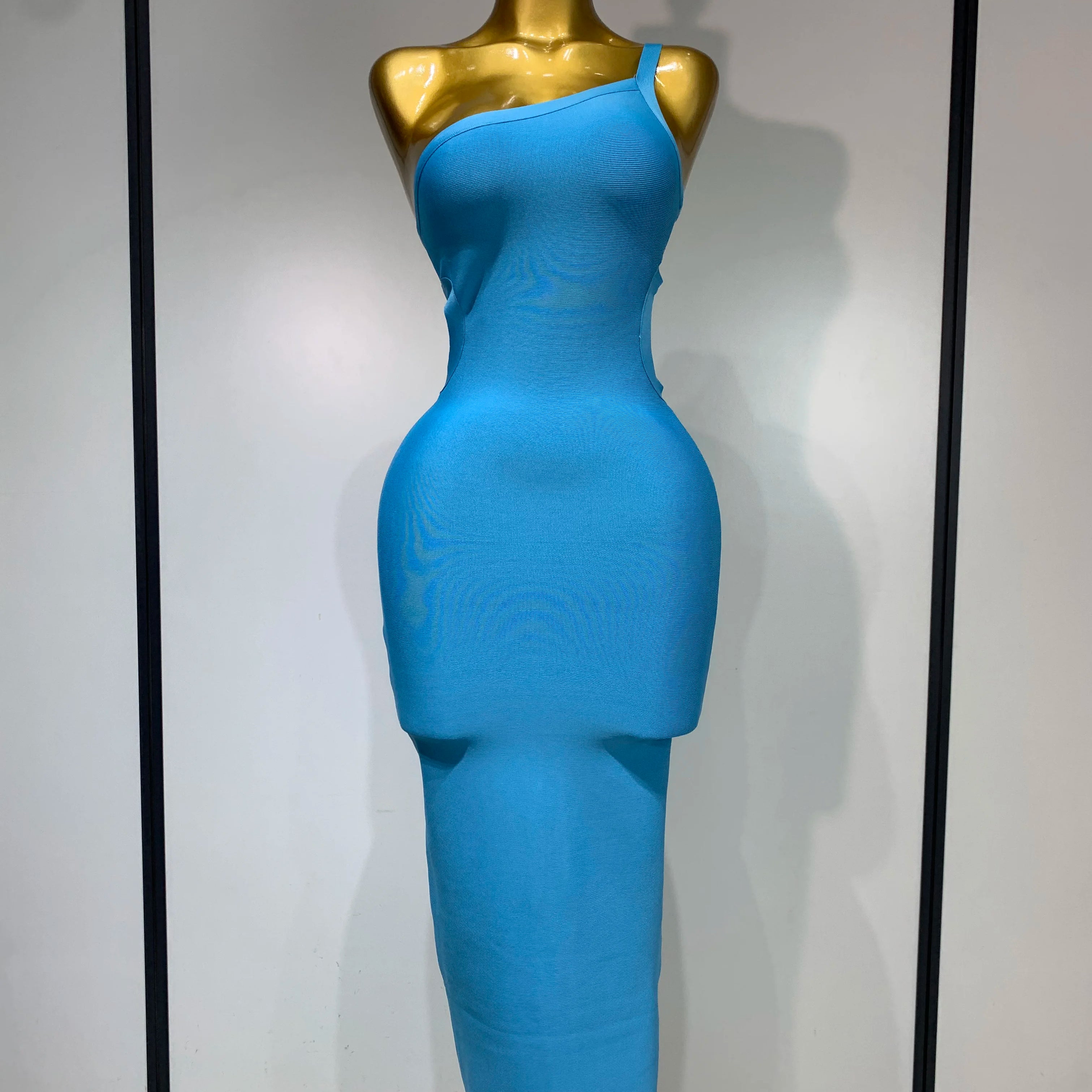 Luxury Birthday Dress Women Blue Bodycon Bandage Dress One Shoulder Sleeveless Backless Dress Cocktail Evening Party Vestidos