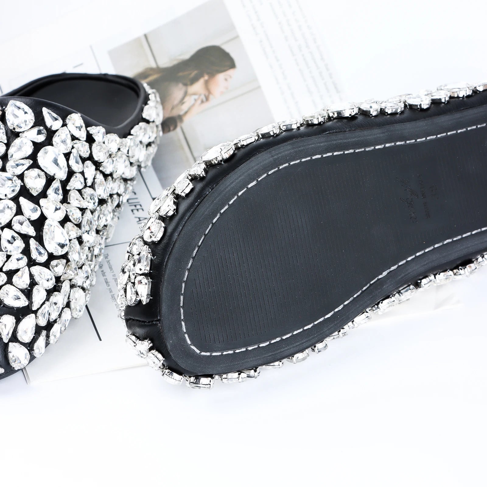 Designer Brand Handmade Rhinestone Flat Sandals Black Slippers Casual Vacation Loafers Shoes Women's Wedding Dress Shoes