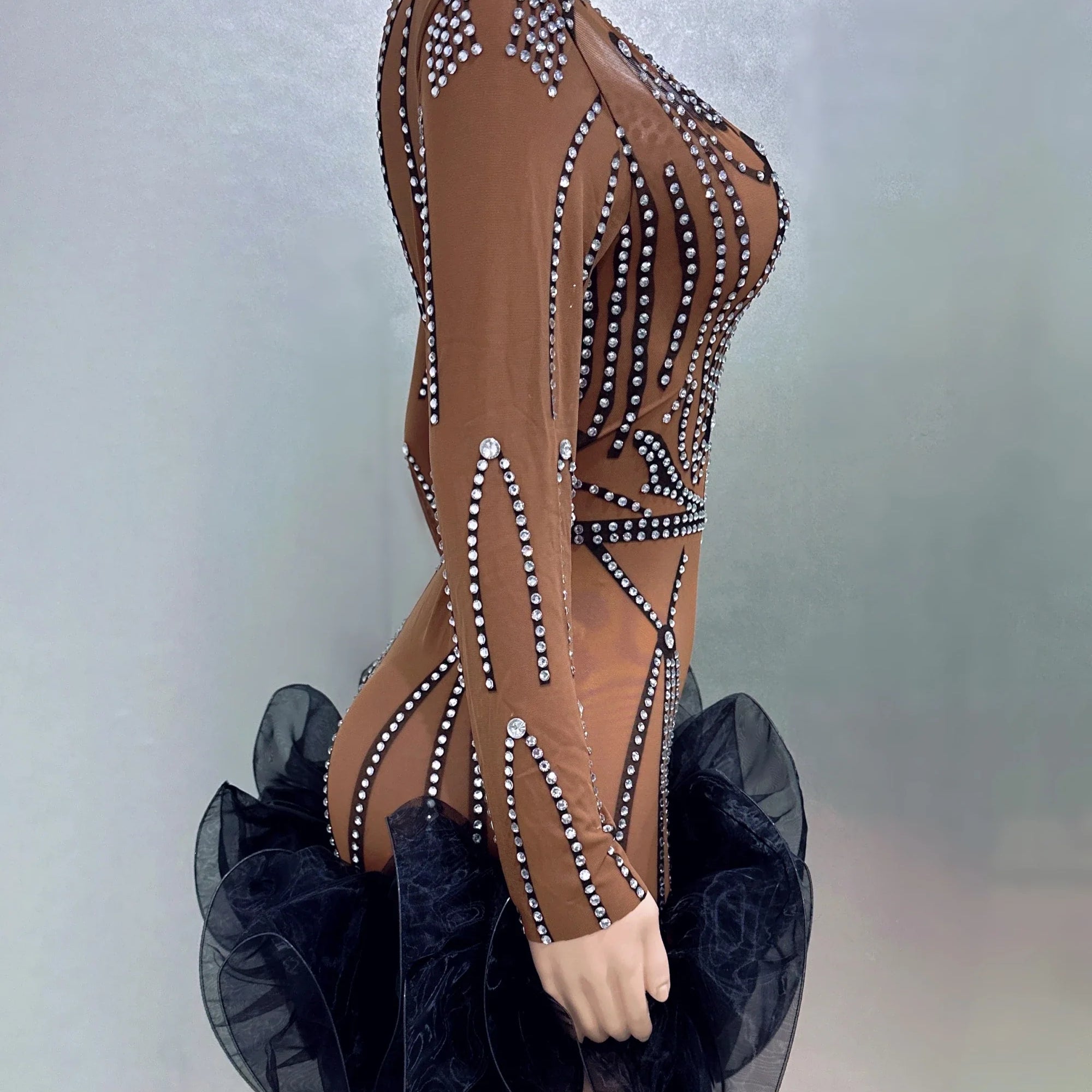 STOCK Women Long Sleeve Sexy Mesh Bodycon Ball Gown Mini Dress Bar Singer Nightclub Party Celebrate Performance Costume Wear