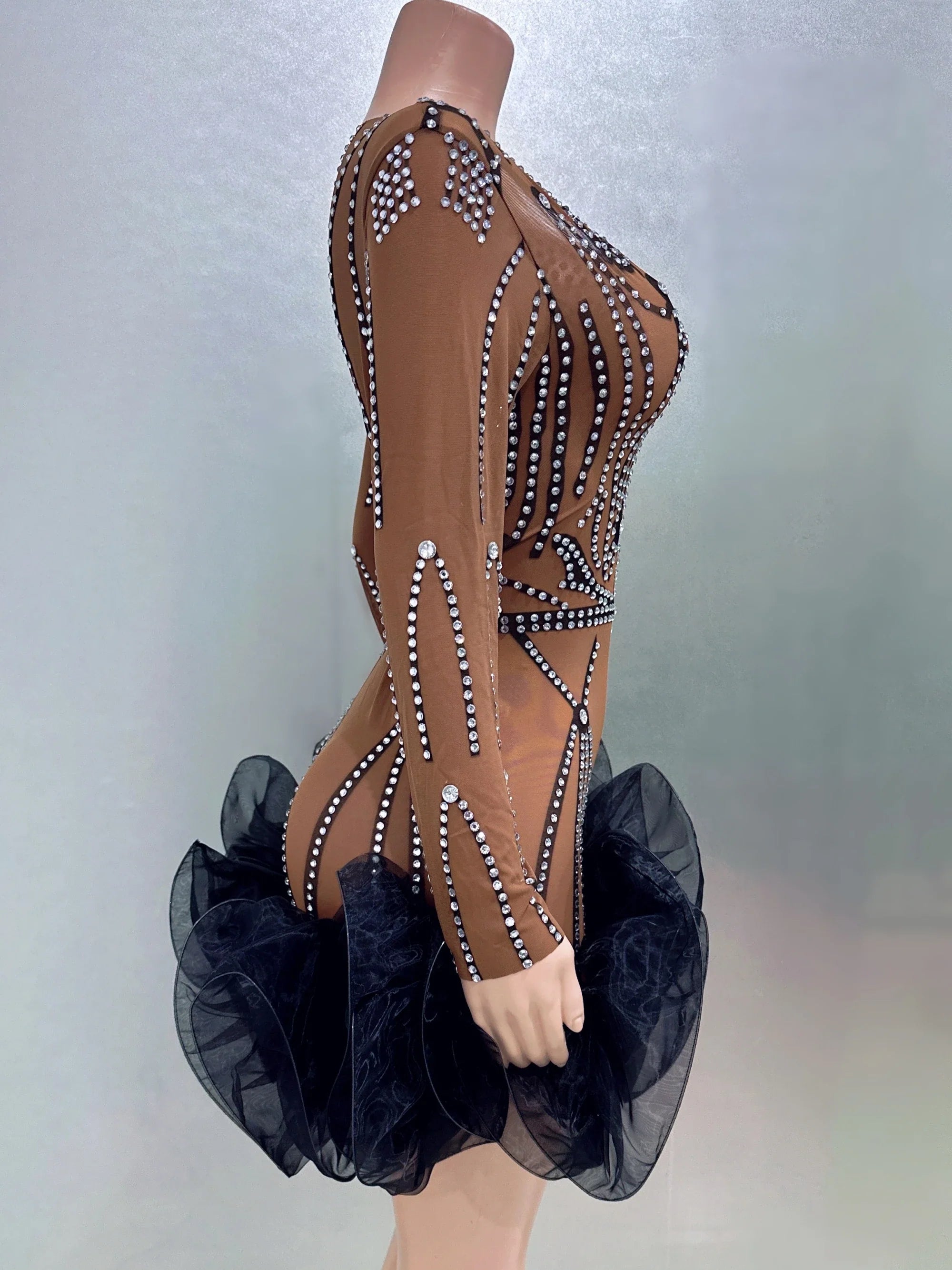 STOCK Women Long Sleeve Sexy Mesh Bodycon Ball Gown Mini Dress Bar Singer Nightclub Party Celebrate Performance Costume Wear