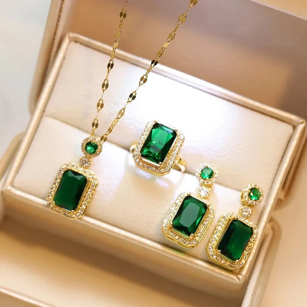 4PCS Sets Exquisite Quadrate Rhinestone Necklace Earrings Ring Jewelry Set Charm Ladies Jewelry Fashion Bridal Gifts Green