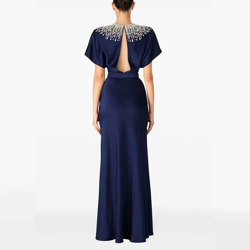 TWOTWINSTYLE Solid Slimming Spliced Bead Luxurious Dresses for Women Round Neck Short Sleeves Tunic Elegant Dress Female Fashion