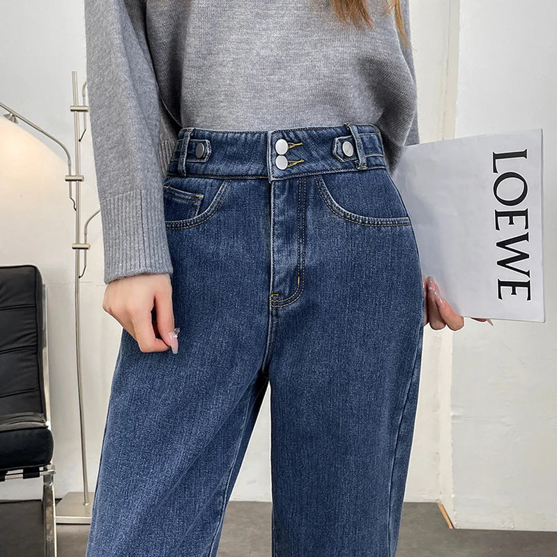 Women Winter Velvet Jeans Fleece Loose Harlan Pants Fleece Soft Comfortable Boyfriend Jeans Denim Blue Cropped Pants