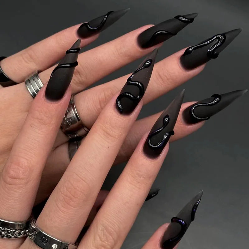 Black Cool Fake Nails Halloween Bat Press on Nails Almond Decorated Nail Tips Rivet Bow False Nails 24pcs Reusable Acrylic Nails