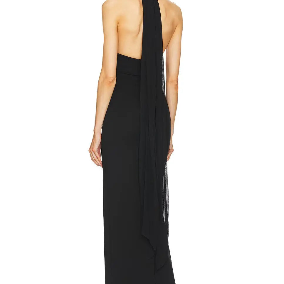 Long Ribbon Sexy V-Neck Sleeveless Halter Black Mini Ankle length Woman Birthday Party Dress Celebrity Evening Party Outfit