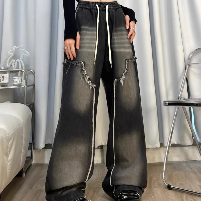 Outono inverno novo tubo reto calças de brim femininas americano retro baggy senhoras preto borda crua calças de tubo reto para mulher 