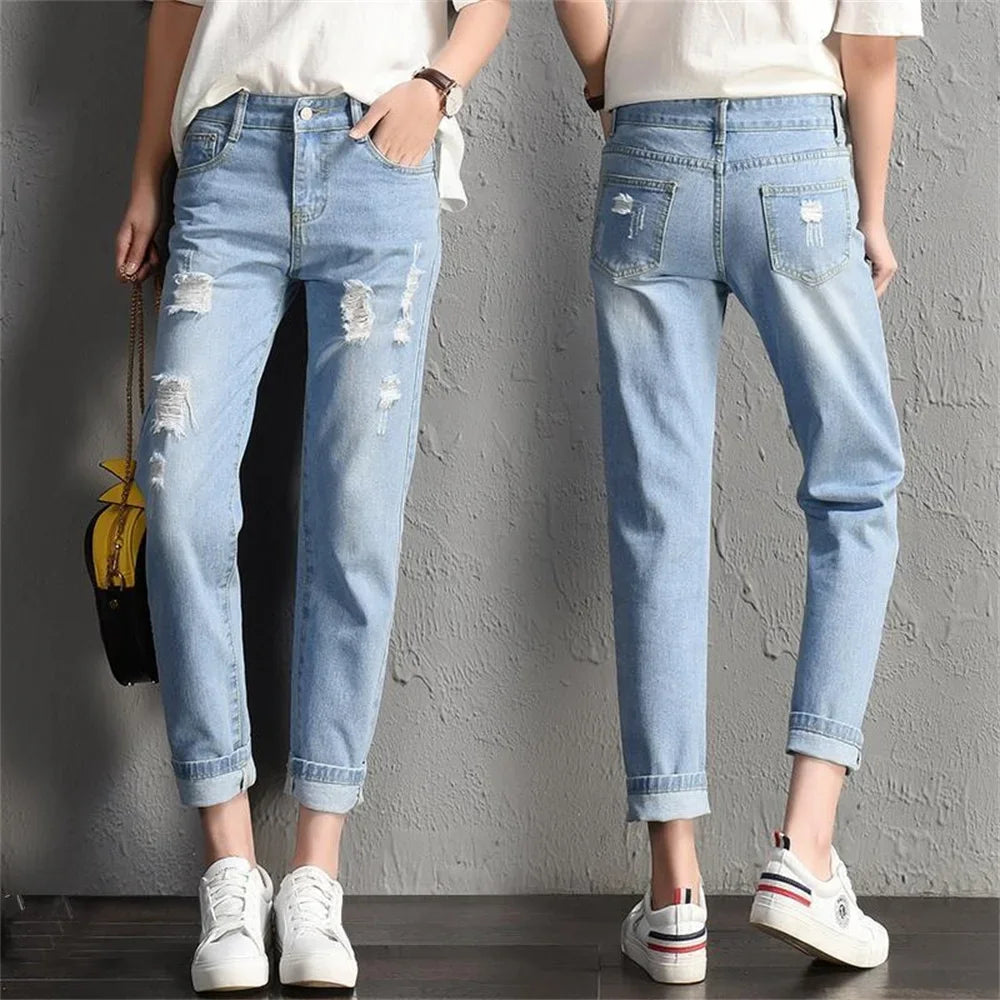 Casual High Street Denim Pants Women Fashion Mid Waist Big Ripped Hole Jeans Sexy Vintage Pencil Calca High Waisted Jeans