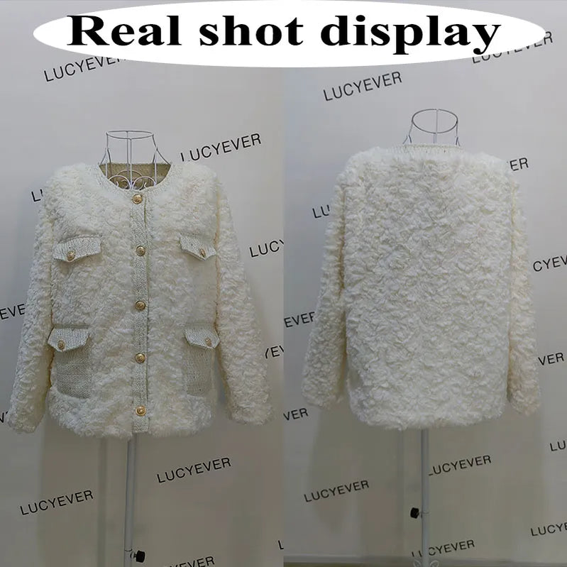 Autumn Winter Women's Lamb Wool Jacket Korean Style Streetwear O-Neck Faux Fur Coat Woman Warm Thick Furry Fluffy Coat