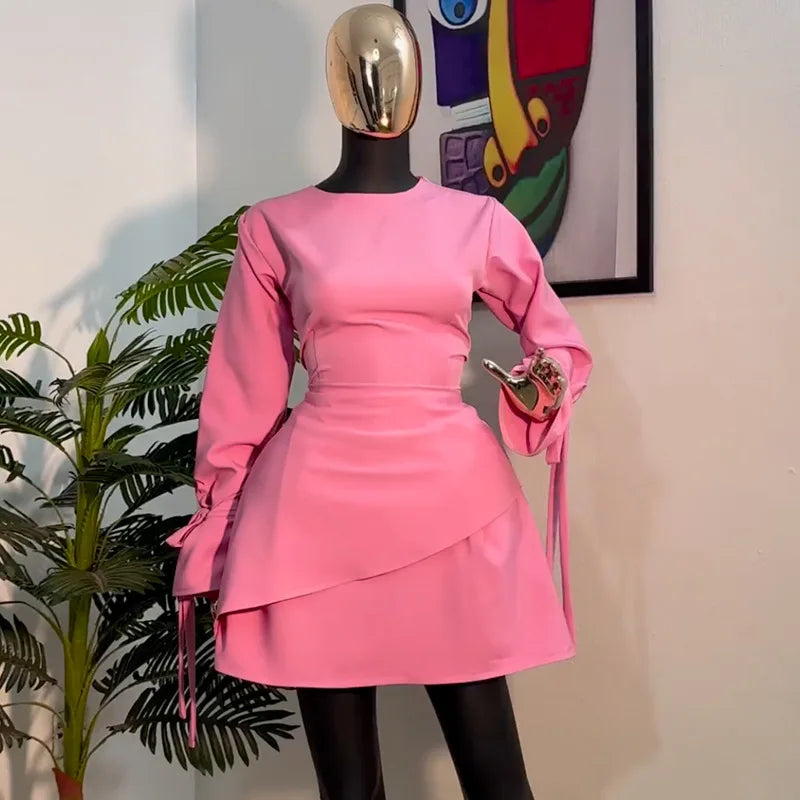 CM.YAYA Women Tie Up Bow Long Sleeve O-neck Mini Dress 2025 Birthday Holiday Sexy Club Party Evening High Street A-Line Dresses