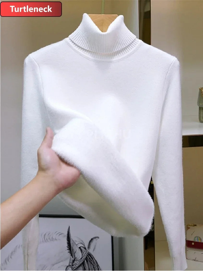Warm Knit Pullover New Thicken Turtleneck Sweater For Winter Women Casual Slim Plush Lined Soft Long Sleeve Knitwear Jumper Tops basic whiter