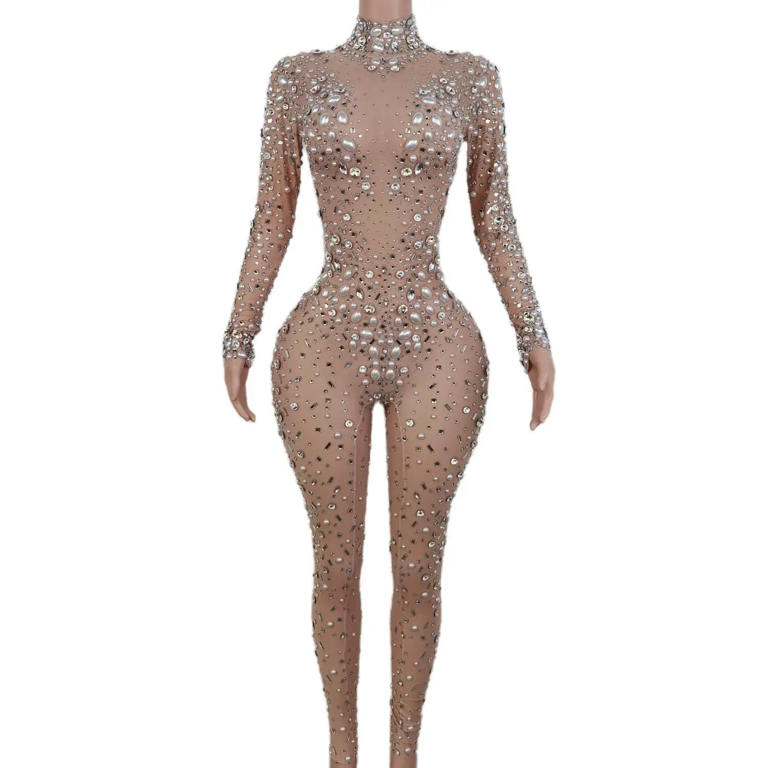 Evening Birthday Celebrate Sexy Rompers Prom Party Singer Costume Show Wear Big Pearl Bling Silver Stones Mesh Jumpsuit Nude Mesh Style