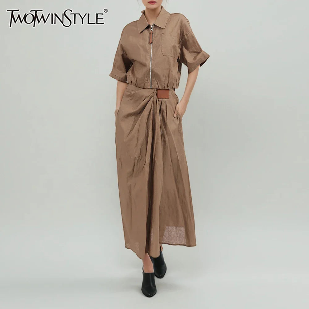 Solid Causal Two Piece Sets for Women Lapel Short Sleeves Spliced Zipper Top High Waist Skirt Set Female Fashion