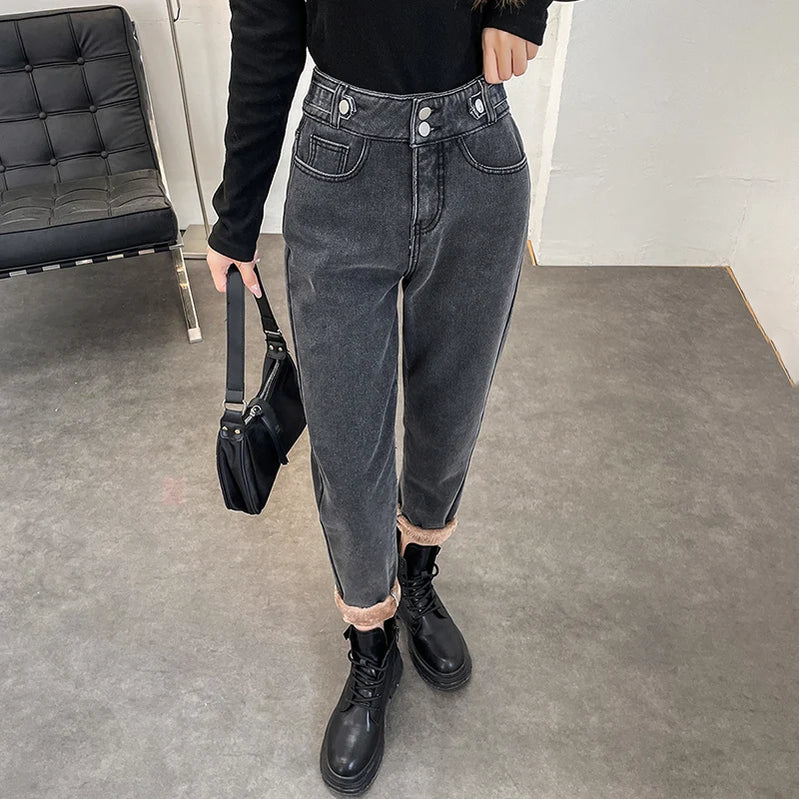 Women Winter Velvet Jeans Fleece Loose Harlan Pants Fleece Soft Comfortable Boyfriend Jeans Denim Blue Cropped Pants Black Gray