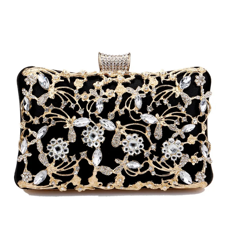 Rhinestones Women Bags Hollow Out Style Fashion Evening Bags Chain Shoulder Handbags Party Wedding Day Clutch Purse YM3106black