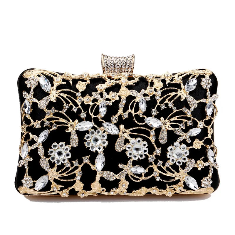 Rhinestones Women Bags Hollow Out Style Fashion Evening Bags Chain Shoulder Handbags Party Wedding Day Clutch Purse YM3106black