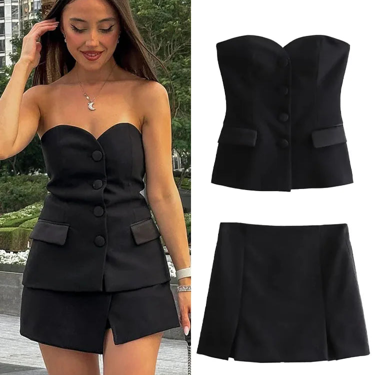 TRAFZA Women Fashion Elegant Flip Decoration Satin texture Spliced corset style Tops Autumn Vintage Slim High Waist Skirt Suit