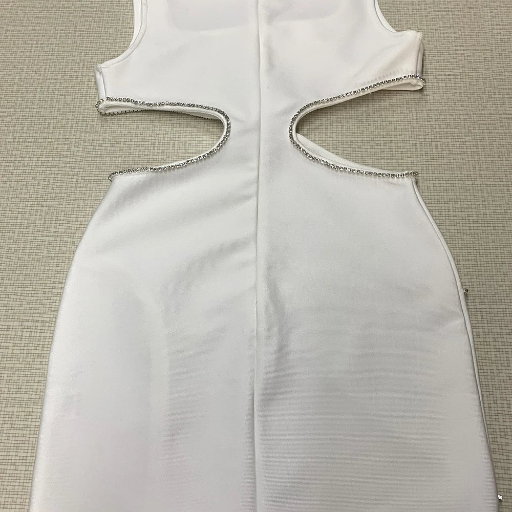 Ailigou 2023 New Summer Women'S White Sexy Luxury Diamond Cut-Out Vest Club Clothing Fashion Sleeveless Mini Bandage Dress
