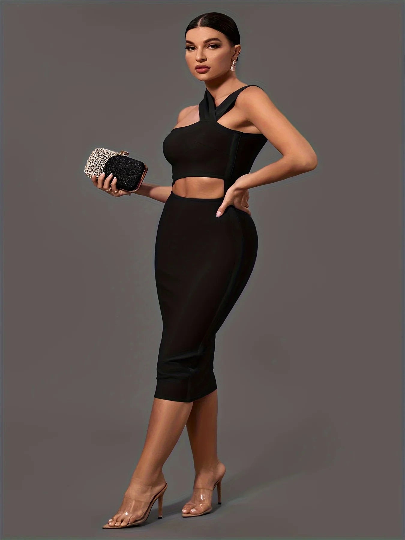 Black Bandage Dress Women Midi Party Dress Bodycon Elegant Halter Neck Sexy Cut Out Birthday Evening Club Outfits Summer