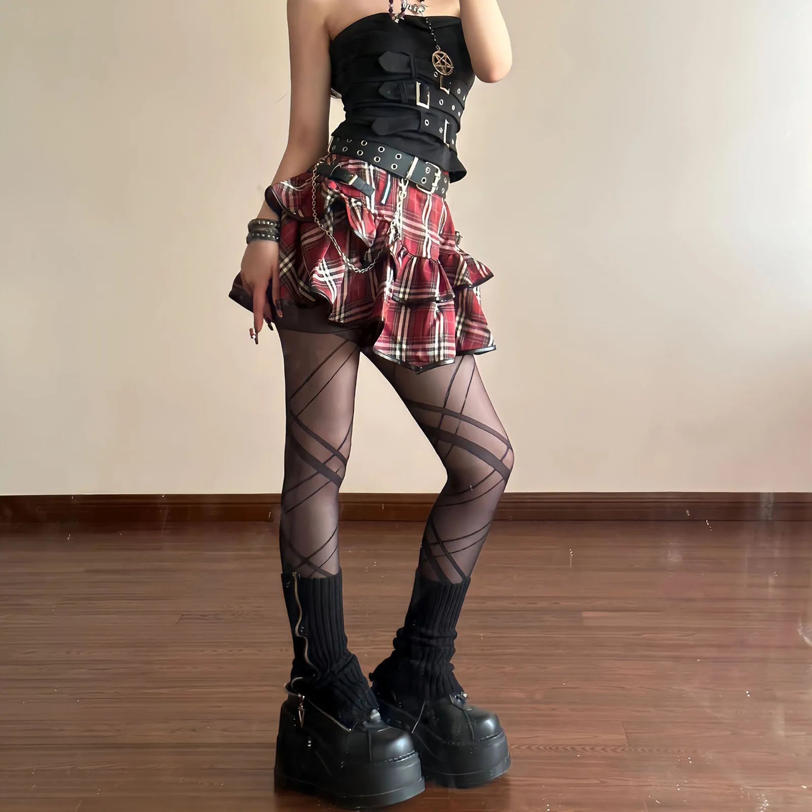 Korean Japanese Sweet Hot Clothes Gothic Punk Skirts Y2k Streetwear Dark Aesthetics Pleated Ball Gown Plaid Stripe Mini Skirt