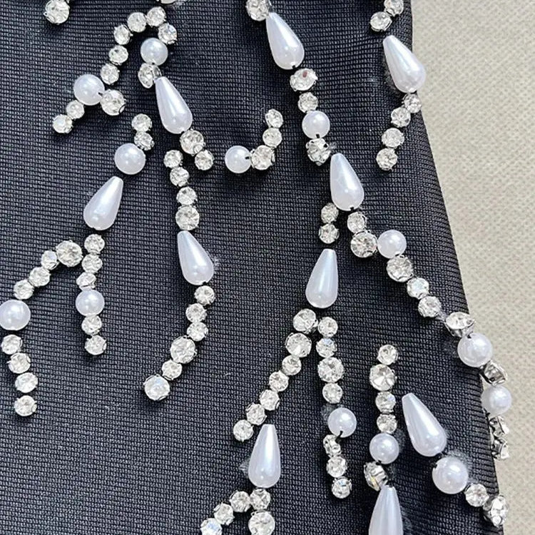 Ladies Diamond Beads Spaghetti Strap Backless Design Celebrity Evening Club Black Sleeveless Sexy Maxi Bandage Dress Vestidos