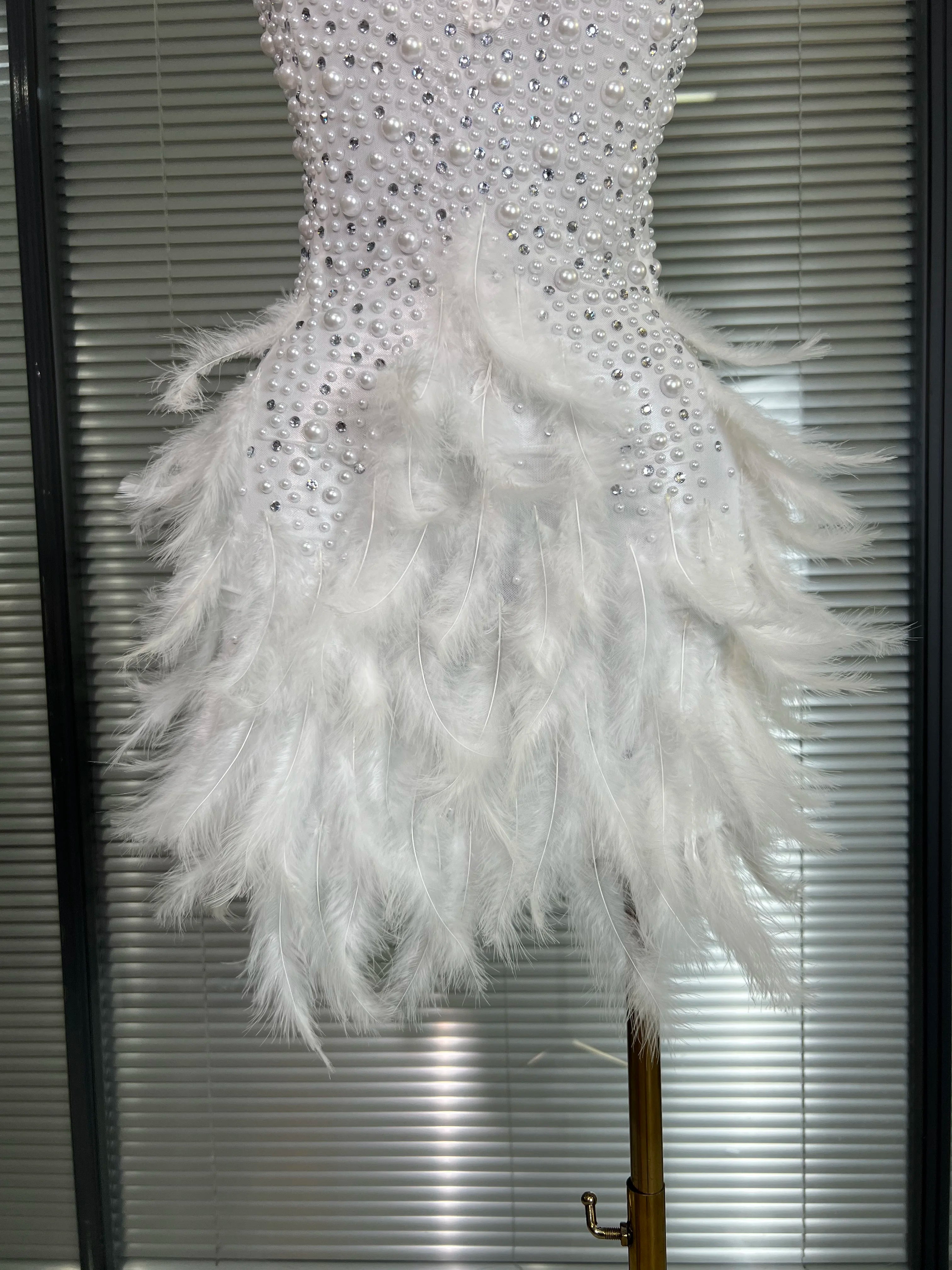 Women Sexy White Backless Mesh Crystal Diamonds Feathers Performance Costume Stage Dancer Mini Stretchy Night Club Party Dress