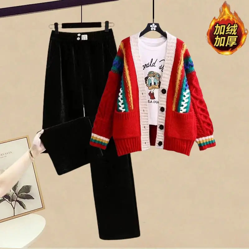 Korean Style Fashion Knitted Sweater Jacket Plush Thickened Wide Leg Pants Two Piece Elegant Women's Pants Set Winter Outfits 2pcs set 05