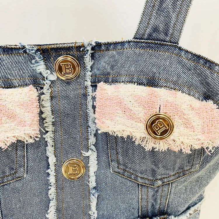 Newest Designer Fashion Women Spaghetti Strap Denim Tweed Houndstooth Pachwork Fringed Dress