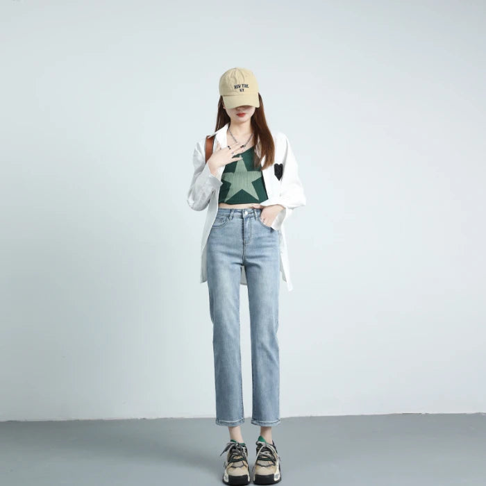 Straight Slim Fit Denim Jeans For Women High Waist French Elastic Classic Sweet Girl Design Long Pants light blue 9 Length