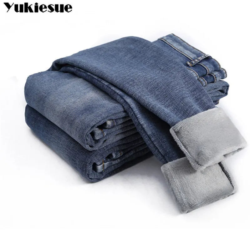 Winter Warm Slim Fit Pencil Pants Women Thicken Fleece Skinny Jeans Pants For Women leisure High Waist Elastic Denim Trousers