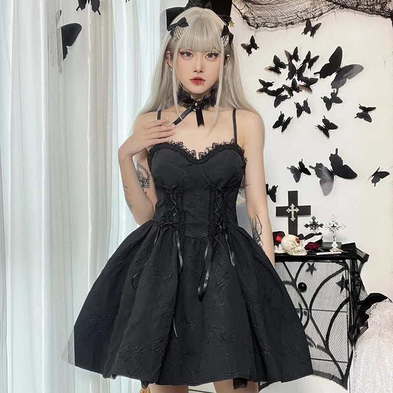 Goth Dark Tie Up Mall Gothic Elegant Women Dresses Grunge Aesthetic Jacquard A-Line Dress Emo Lace Trim Black Party Alt Clothes