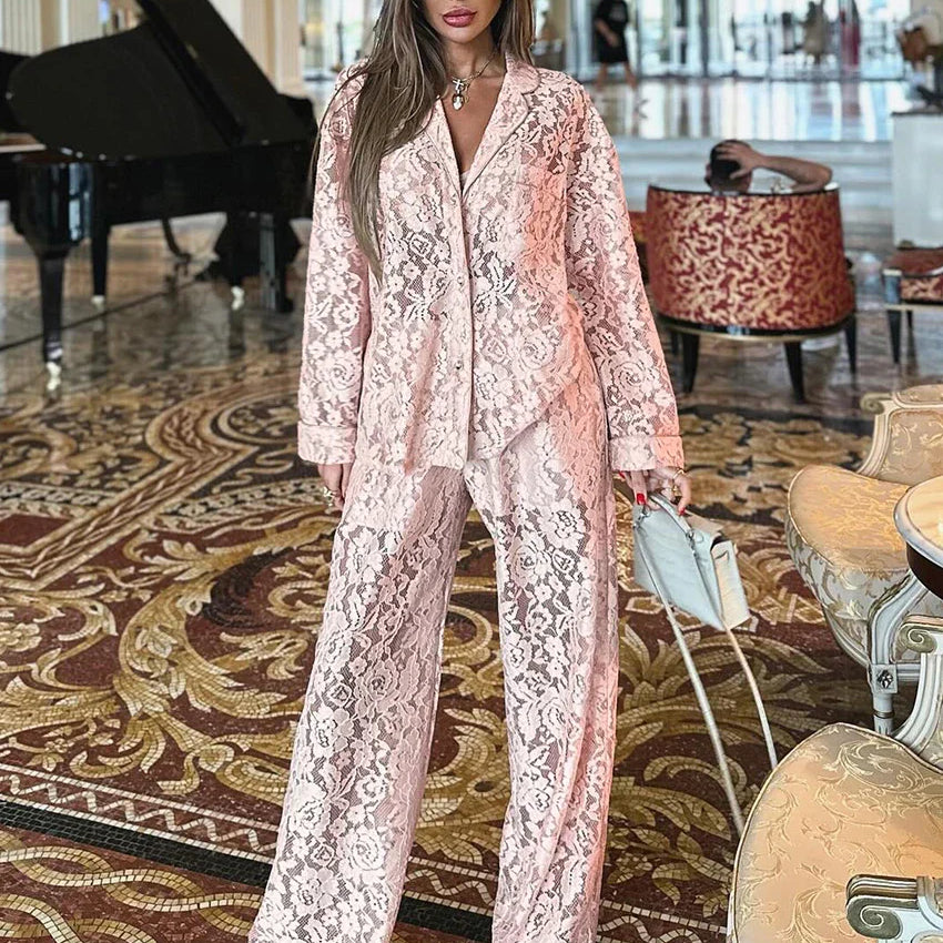 Clacive Sexy Loose Black Lace See Through Trousers Sets Women 2 Pieces Fashion Long Sleeve Shirt With High Waist Wide Pants Set