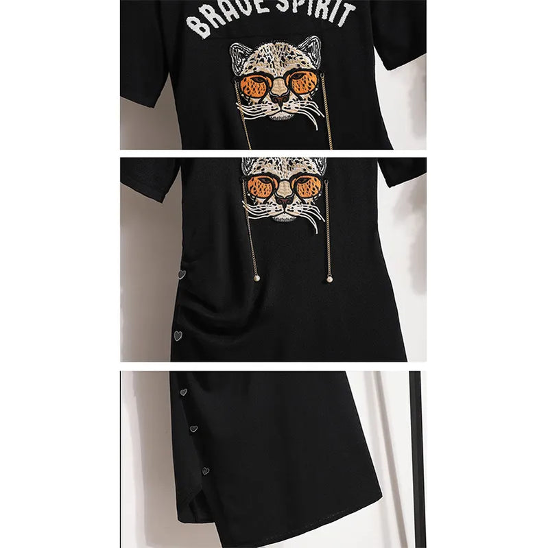 Autumn New Irregular Short Sleeves Women's Printed Street Fashion Inside Knitted Dresses Tunics