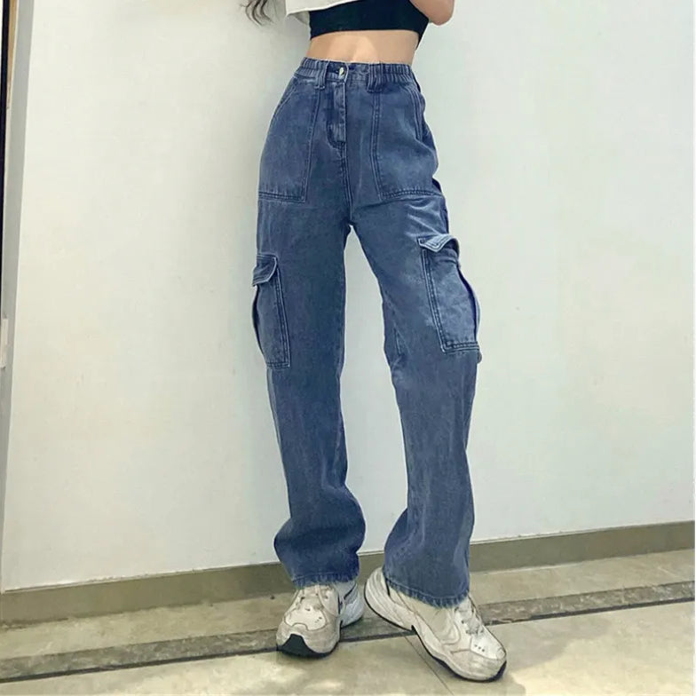 High Waisted Jeans Fashionable Loose Fit High Waist Straight Leg Jeans with Multiple Pockets for Women Baggy Jeans Blue