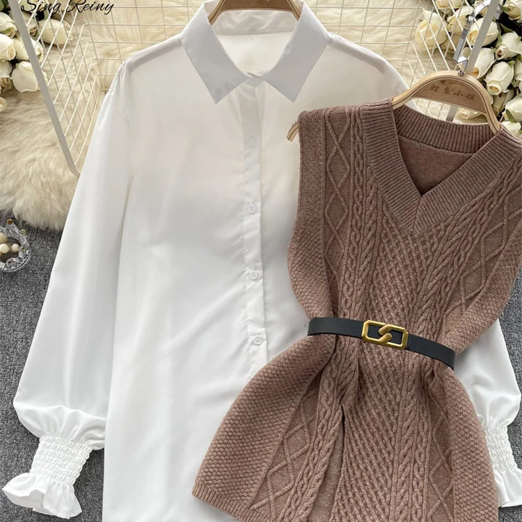 Office Lady Knitted Sweater Warm Thick Knit Vest+Single Breasted Lantern Sleeve Blouse Women Pullover Shirt Suits